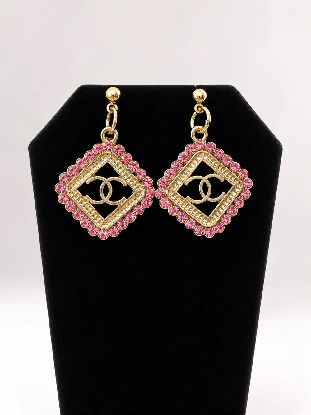 CHANEL Gold Drop Earrings with Pink Crystals